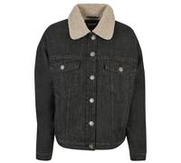 Jeansjacke URBAN CLASSICS "Urban Classics Damen Ladies Oversized Sherpa Denim Jacket", Damen, Gr. L, schwarz (schwarz washed), 100% Baumwolle, unifarben, oversize, amerikanischer Ausschnitt, Jacken Je