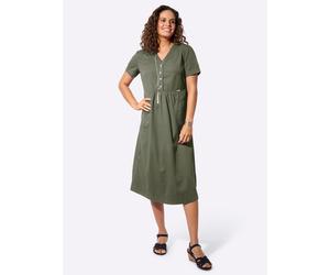 Jeanskleid CASUAL LOOKS "Jeans-Kleid", Damen, Gr. 44, Normalgrößen, grün (khaki), Twill, 100% Baumwolle, unifarben, wadenlang, V-Ausschnitt, Kleider (24605416-44) khaki