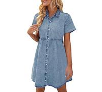 Jeanskleid Damen Knielang - Sommerkleid Damen Midi Jeans Kleid Sommer Kurzarm Revers Knopfleiste Flowy Tiered Babydoll Denim Kleider Oversized Aesthetic Mode Freizeitkleid für Fauen