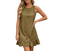 Jeanskleid Damen Midi Ärmellos Minikleid mit Rüschen Elegant Denim Kleid Frauen Locker Sommerkleider Rundhals Freizeitkleider Plissiertes A-Linien Tankkleid