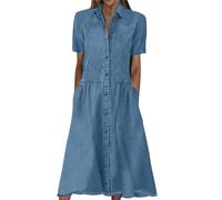 Jeanskleid Damen Mit Knöpfen Sommerkleid Jeans Leichte Sommerkleider Kurzarm Midi Kleider Sommer Elegant Hemdkleid Denim Frauen A Linie Kleid Mittellange Locker Damenkleider Mit Taschen