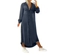 Jeanskleid Damen Sommer Langarm Lang Maxi Kleider Jeanskleider Casual Maxikleider Jeans-Kleider V-Ausschnitt Tunika Shirt Hemdkleid Blusenkleid-Shirtkleider Denim-Freizeitkleid