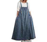 Jeanskleid Damen Sommer - Latzkleid Damen Jeans Lang Trägerkleid Verstellbare Ärmellos Maxikleid Rückenfreies Kleid mit Taschen Quadratischer Ausschnitt Lockeres Jeans Kleider Latzrock Freizeitkleid