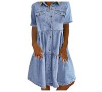 Jeanskleid Damen Sommerkleid Lang Jeans Jeanskleider Tailliert Sommer Knielang Sommerkleider mit Taschen Wickelkleid A Linie Elegant Freizeitkleid Blau XXL