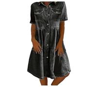 Jeanskleid Damen Sommerkleid Lang Jeans Jeanskleider Tailliert Sommer Knielang Sommerkleider mit Taschen Wickelkleid A Linie Elegant Freizeitkleid Schwarz XL