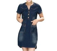 Jeanskleid für Damen Etuikleid Klassisches einfarbiges Denim kleider Kurzärmeliges Sommerkleid Geknöpftes V-Ausschnitt Blusenkleid Mini Wickelkleid mit Taschen Figurbetontes Kleid Bleistiftkleid