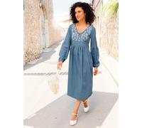 Jeanskleid INSPIRATIONEN "Jeans-Kleid", Damen, Gr. 38, Normalgrößen, blau, bleached, Denim/Jeans, 100% Baumwolle, unifarben, wadenlang, V-Ausschnitt, Kleider (53530139-38) blau, bleached