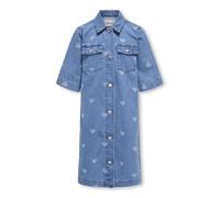 Jeanskleid KIDS ONLY "KOGLOVA SS HEART DNM DRESS", Mädchen, Gr. 146, N-Gr, medium blau denim, Denim/Jeans, Obermaterial: 100% Baumwolle, bedruckt, leichte Abriebeffekte, Basic normal, Rundhals, weit a