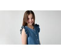 Jeanskleid LEVI'S KIDS "LVG FLUTTER SLEEVE BUTTON UP D", Mädchen, Gr. 10 (140), N-Gr, dance around, Denim/Jeans, Obermaterial: 100% Baumwolle, unifarben, körpernah knielang, Rundhals, Kleider, for Gir