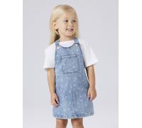 Jeanskleid NAME IT "NMFROSA SHORT DNM BIBSKIRT 3555-ON F", Mädchen, Gr. 128, N-Gr, blau (medium blau denim aop:flower), Denim/Jeans, Obermaterial: 74% Baumwolle, 24% Polyester, 1% Elasthan, 1% Viskose