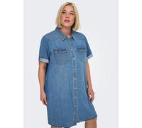 Jeanskleid ONLY CARMAKOMA "CARLISA S/S DNM DRESS GUA NOOS", Damen, Gr. 50, N-Gr, medium blau denim, Obermaterial: 90% Baumwolle, 10% Viskose, unifarben, regular fit normal, Kleider (11290659-50) mediu