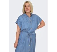 Jeanskleid ONLY CARMAKOMA "CARPEMA HANNOVER SS DNM SH DRESS NOOS", Damen, Gr. 52, N-Gr, medium blau denim, Obermaterial: 100% Lyocell, unifarben, loose fit kniebedeckend, Rundhals, Kleider Jeanskleid