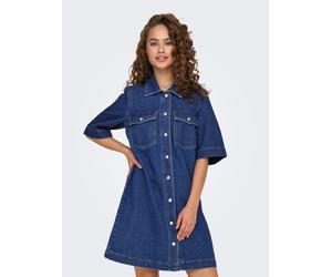 Jeanskleid ONLY "ONLBELLE S/S BUTTON DRESS DNM GUA NOOS", Damen, Gr. M, N-Gr, blau (dunkelblau denim), Denim/Jeans, Obermaterial: 100% Baumwolle, unifarben, regular fit, Kleider (58687617-M) dunkelbla
