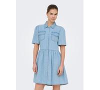 Jeanskleid ONLY "ONLEVELINE SS DNM DRESS AKM", Damen, Gr. L, N-Gr, light blau denim, Denim/Jeans, Obermaterial: 100% Baumwolle, unifarben, kurz, Rundhals, Kleider, Baumwolle (24601169-L) light blau de