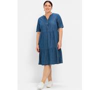 Jeanskleid SHEEGO "Jeanskleid", Damen, Gr. 40, Normalgrößen, blau (blau denim), 100% Baumwolle, unifarben, knielang, V-Ausschnitt, Kleider (76829648-40) blau denim