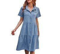 Jeanskleid Tailliert Damen - Sommerkleid Damen Lang Jeans - Jeanskleider Damen Sommer Knielang - Sommerkleider Mit Taschen Wickelkleid A Linie Elegant Freizeitkleid 1/2 Arm Kleid Knöpfen
