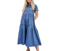 Jeanskleid Tailliert Damen - Sommerkleid Damen Lang Jeans - Jeanskleider Damen Sommer Knielang - Sommerkleider Mit Taschen Wickelkleid A Linie Elegant Freizeitkleid 1/2 Arm Kleid Knöpfen