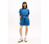 Jeanskleid TOMMY JEANS "TJW SHIRT MINI CHAMBRAY DRESS", Damen, Gr. XS (34), N-Gr, blau (denim medium), Denim/Jeans, Obermaterial: 100% Baumwolle, regular fit mini, abgesteppte Kante, Kleider, mit Tail