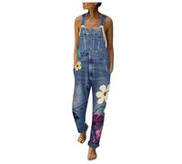 Jeanslatzhose Damen Blumen, Latzhose Damen Jeans Lang, Jumpsuit Sportlich Elegant Arbeitslatzhose Mit Taschen Overall Ärmellos Romper Casual Sommeroverall Bequeme Einteiler Vintage Denim-Latzhose