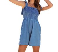 Jeanslatzhose Damen Jeans-Shorts Denim Kurze Hose Mode Stretch Bandeau Jumpsuit Lässig Frauen Denim Latzhose Trägershorts Ärmellos Sommer Denim Overall Romper Gesmokter Hosenanzug Playsuit Blau B L