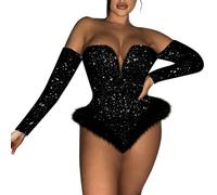 Jeanslatzhose Damen Oversize Damen-Body mit Reißverschluss, schulterfrei, Pailletten, Samt, langärmelig, sexy Body-Anzug-Tops Schwarzer Enger Jumpsuit (Black, XXL)