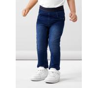 Jeansleggings NAME IT "NMFSALLI SLIM SWE JEANS 1190-BO NOOS", Mädchen, Gr. 110, N-Gr, blau (dunkelblau denim), Sweatware, Obermaterial: 95% Baumwolle, 5% Elasthan, kontrastfarbene Details, leichte Abr