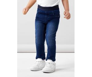 Jeansleggings NAME IT "NMFSALLI SLIM SWE JEANS 1190-BO NOOS", Mädchen, Gr. 116, N-Gr, blau (dunkelblau denim), Sweatware, Obermaterial: 95% Baumwolle, 5% Elasthan, kontrastfarbene Details, leichte Abr