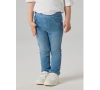 Jeansleggings NAME IT "NMFSALLI SLIM SWE JEANS 1190-BO NOOS", Mädchen, Gr. 80, N-Gr, medium blau denim detail:heart tape, Sweatware, Obermaterial: 95% Baumwolle, 5% Elasthan, kontrastfarbene Details, 