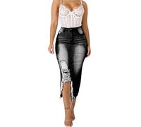 Jeansrock Damen Lang Sommerröcke High Waist Jeans Rock mit Seitenschlitz A-Linie Löchern Denim Röcke Damen Stretch Jeansrock Wasser Waschen Ripped Jeans Rock Sommer Eng Hüftrock Sexy Sommerrock