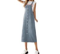 Jeansrock Damen Washed Denim Westenkleid Rückenlos ärmellos Casual Jean Overall Kleid mit Taschen, A-Linie DenimMidi Kleid, Länge Vintage Sommerkleid, Verstellbare Träger Freizeitkleider