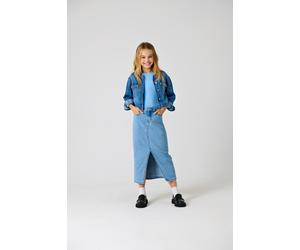 Jeansrock KIDS ONLY "KOGSIRI FRONT SLIT SKIRT DNM GUA NOOS", Mädchen, Gr. 146, blau (light blau denim), Jersey, Obermaterial: 74% Baumwolle, 25% Polyester, 1% Elasthan, unifarben, lang, Röcke Jeansroc