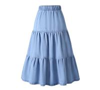 Jeansrock Mädchen Midi Lang Denimrock Elastisch Baggy A-Line Plisseé Lässig Teenager Mädchenrock Vintage Faltenrock Skort Lässig Freizeitrock Weich Skirt Blau 130