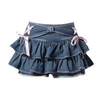 Jeansrock Mini weiblich Kawaii elastische Taille A-Linie Spleißen süß sexy Rüschen Jeansrock Shorts Sommer-Blau-M