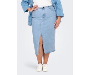 Jeansrock ONLY CARMAKOMA "CARSIRI FRONT SLIT SKIRT DNM GUA NOOS", Damen, Gr. 48, blau (light blau denim), Denim/Jeans, Obermaterial: 74% Baumwolle, 25% Polyester, 1% Elasthan, unifarben, wadenlang, Rö