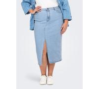 Jeansrock ONLY CARMAKOMA "CARSIRI FRONT SLIT SKIRT DNM GUA NOOS", Damen, Gr. 50, blau (light blau denim), Denim/Jeans, Obermaterial: 74% Baumwolle, 25% Polyester, 1% Elasthan, unifarben, wadenlang, Rö