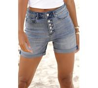 Jeansshorts BUFFALO, Damen, Gr. 42, N-Gr, blau (blau, washed), Denim/Jeans, Obermaterial: 98% Baumwolle, 2% Elasthan, figurbetont ca. Mitte Oberschenkel, Jeans Jeansshorts, in High-Waist-Form, Stretch