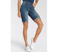Jeansshorts H.I.S "duffyHS", Damen, Gr. 32, Länge 32, blau (dkbl used), Denim/Jeans, Obermaterial: 73% Baumwolle, 25% Polyester, 2% Elasthan, schmal kurz, Jeans Jeansshorts, schmale Beinform, krempelb