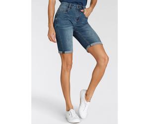 Jeansshorts H.I.S "duffyHS", Damen, Gr. 33, Länge 32, dkbl used, Denim/Jeans, Obermaterial: 73% Baumwolle, 25% Polyester, 2% Elasthan, schmal kurz, Jeans Jeansshorts, schmale Beinform, krempelbare Bei