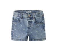 Jeansshorts NAME IT "NMFSALLI SLIM DNM SHORTS 3555-ON NOOS", Mädchen, Gr. 110, N-Gr, medium blau denim detail:flower, Denim/Jeans, Obermaterial: 74% Baumwolle, 24% Polyester, 1% Elasthan, 1% Viskose,