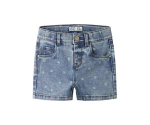 Jeansshorts NAME IT "NMFSALLI SLIM DNM SHORTS 3555-ON NOOS", Mädchen, Gr. 92, N-Gr, blau (medium blau denim detail:flower), Denim/Jeans, Obermaterial: 74% Baumwolle, 24% Polyester, 1% Elasthan, 1% Vis