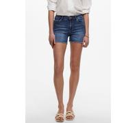 Jeansshorts ONLY "ONLBLUSH - Jeansshorts mit fransigem Saum", Damen, Gr. XL (42), N-Gr, blau (dunkelblau denim), Denim/Jeans, Obermaterial: 92% Baumwolle, 6% Elastomultiester, 2% Elasthan, Abriebeffek