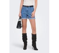 Jeansshorts ONLY "ONLLAURA HW FOLD UP SHORT BOX DNM", Damen, Gr. M, N-Gr, medium blau denim, Denim/Jeans, Obermaterial: 80% Baumwolle, 19% Polyester, 1% Elasthan, unifarben, kurz, Jeans Jeansshorts, B