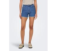 Jeansshorts ONLY "ONLLAURA MID WAIST SHORT RW BOX", Damen, Gr. XS, N-Gr, medium blau denim, Denim/Jeans, Obermaterial: 80% Baumwolle, 19% Polyester, 1% Elasthan, unifarben, regular fit kurz, Jeans Jea