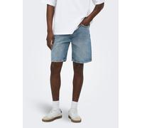 Jeansshorts ONLY & SONS "ONSEDGE MB GREEN 3227 TAI DNM SHORTS", Herren, Gr. XXL, N-Gr, medium blau denim detail:grüncast, Denim/Jeans, Obermaterial: 100% Baumwolle, Abriebeffekte, straight fit kniefre