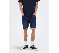 Jeansshorts ONLY & SONS "ONSPLY JOG DBD 0025 ANA DNM SHORTS NOOS", Herren, Gr. L, N-Gr, dunkelblau denim, Denim/Jeans, Obermaterial: 87% Baumwolle, 11% Polyester, 2% Elasthan, Abriebeffekte, regular f