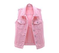 Jeansweste Damen ärmellos Große Größen, Vintage Jeansjacke Damen Sweatjacke Oversized Übergangsjacke Jeans Denim Jacket Frauen Destroyed Cut Out Look Weste Button Brusttasche (Pink, L)