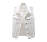 Jeansweste Damen ärmellos Große Größen, Vintage Jeansjacke Damen Sweatjacke Oversized Übergangsjacke Jeans Denim Jacket Frauen Destroyed Cut Out Look Weste Button Brusttasche (Weiß, L)