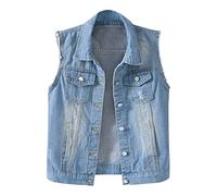 Jeansweste Damen ärmellos Große Größen, Vintage Jeansjacke Damen Sweatjacke Oversized Übergangsjacke Jeans Denim Jacket Frauen Destroyed Cut Out Look Weste Button Brusttasche