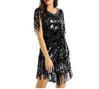 JEATHA Damen Glänzende Pailletten Kleider Mit Quaste V-Ausschnitt Tanzkleid Fransenkleid Samba Tango Latin Salsa ChaCha Kleid Quastenrock Wettbewerb Kostüme Schwarz XXL