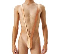 JEATHA Herren Glänzend Mankini Straps-Bodysuit Bulge Pouch String Body Micro Jumpsuits Unterwäsche Badeanzug Bademode Coffee XL